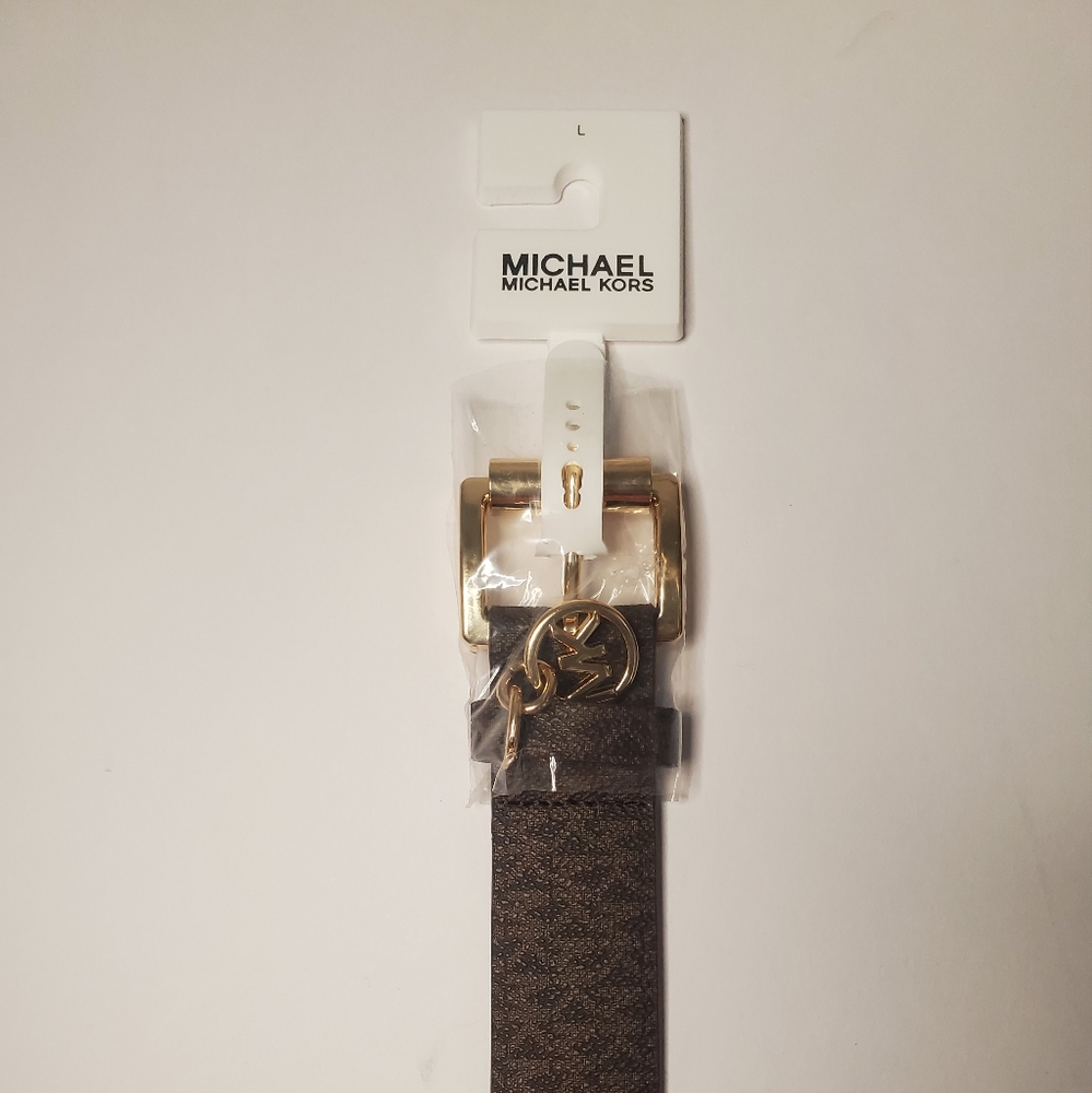 Michael Kors Women's Belt Chocolate Faux Leather Gold-tone Padlock Charm Size L